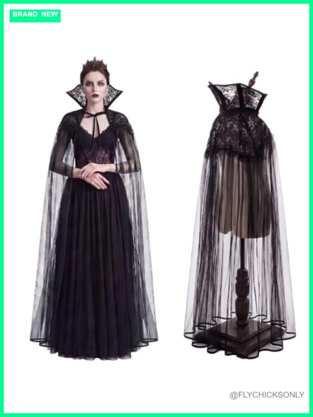 Women's Halloween Gothic Vampire Cape with Lace Collar Long Tulle Cloak Costume